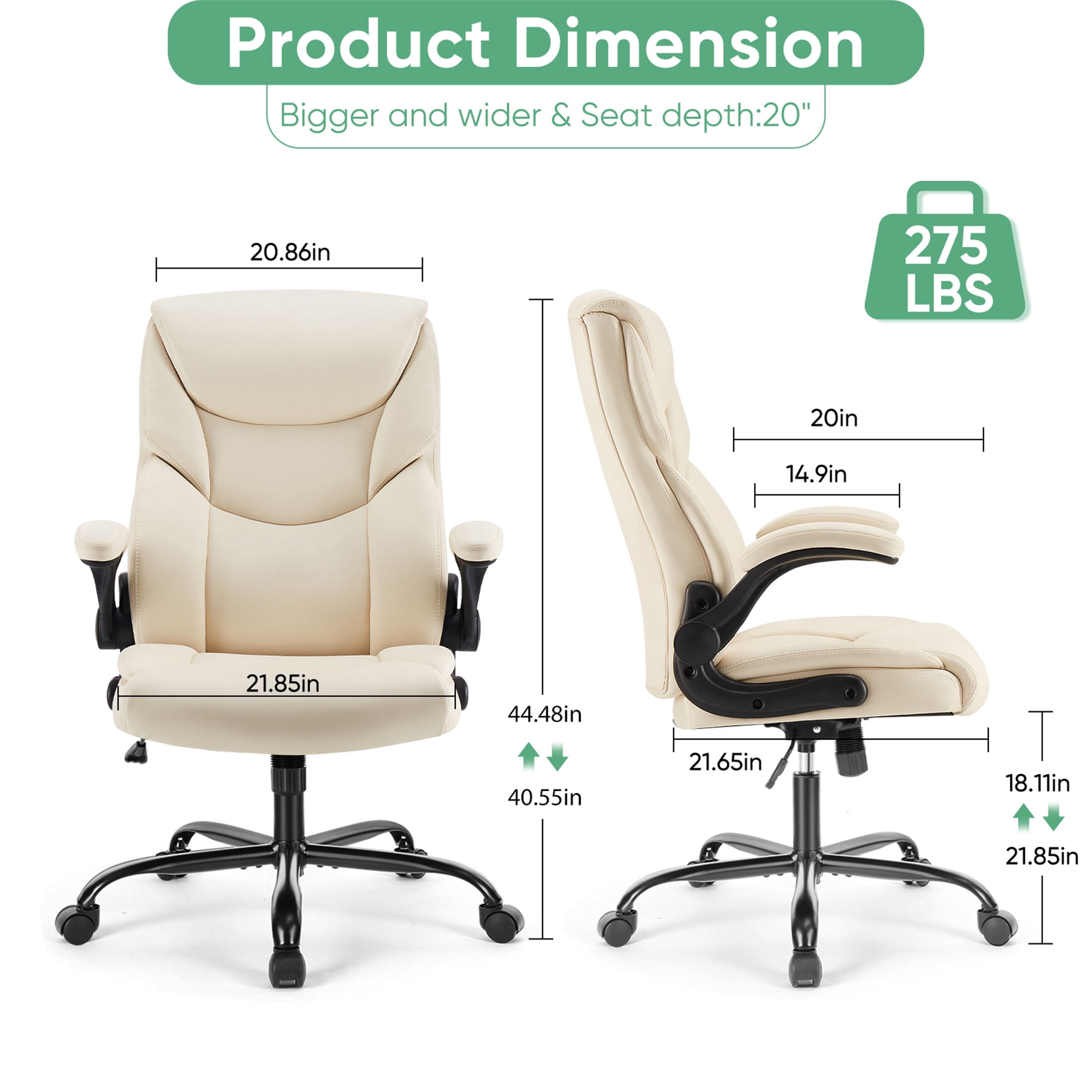 JOINSUN Home Office Chair, High Back Ergonomic Chair for Office with PU Leather, Adjustable Armrests and Wheels, White