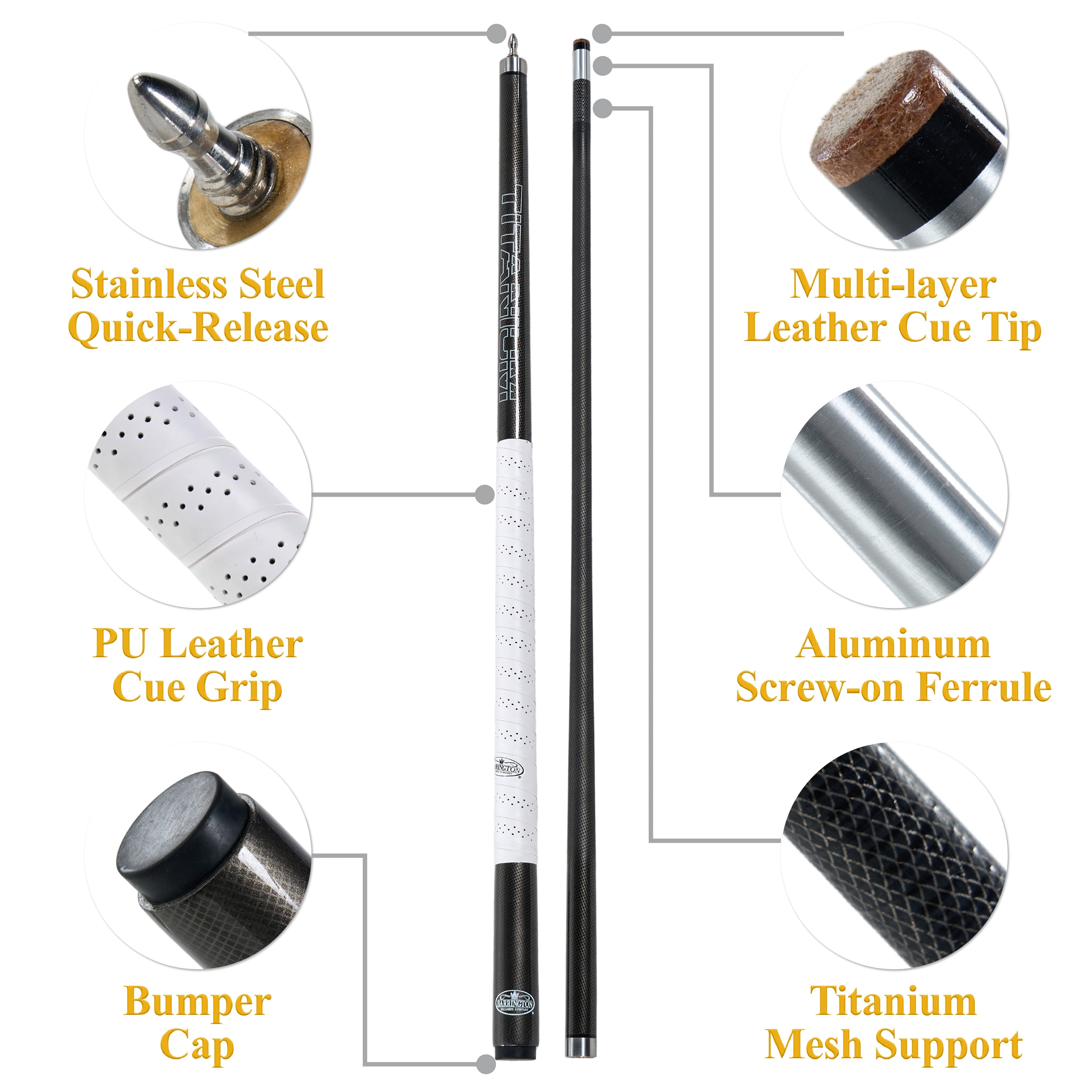 Barrington Billiards Titanium 58-inch Carbon Fiber Two-Piece Pool Cue with Quick-Release Joint and Anti-Slip Grip
