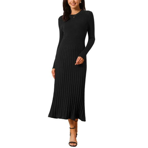 INSPIRE CHIC Women's Long Sleeve Sweater Dress Crewneck Ribbed Knit Pleated A-Line Midi Dresses M Black