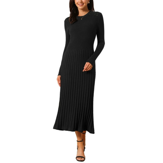 VESTIDO DE SUÉTER DE MANGA LARGA PARA MUJER INSPIRE CHIC, CUELLO REDONDO, TEJIDO DE CANALÉ, PLISADO EN A, VESTIDOS MIDI TALLA S NEGRO