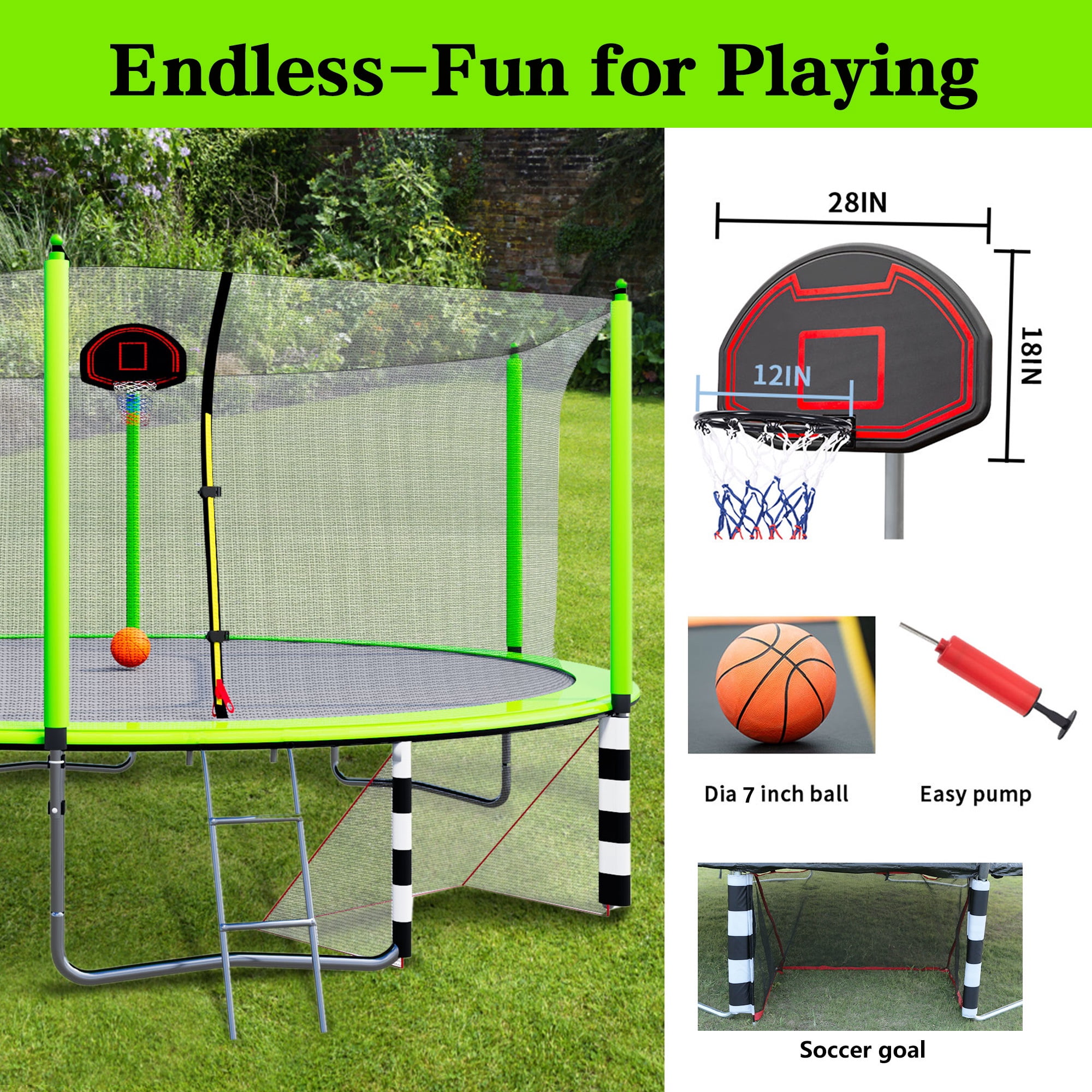 16FT Trampoline with Soccer Goal, SEGMART Recreational Trampoline with Basketball Hoop and Ladder, Heavy Duty Outdoor Backyard Trampoline with Net for Kids and Adults, Green