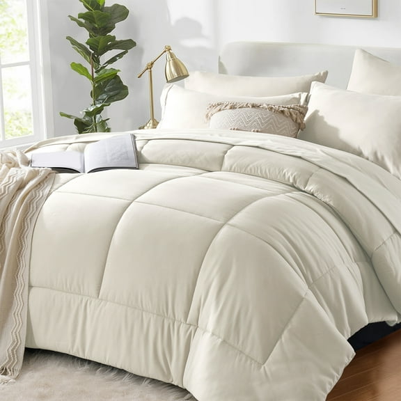 Flymme White Comforter Set Queen 7 Pieces Bed in a Bag Lightweight Microfiber White Bedding Comforter Set with Sheets for All Season