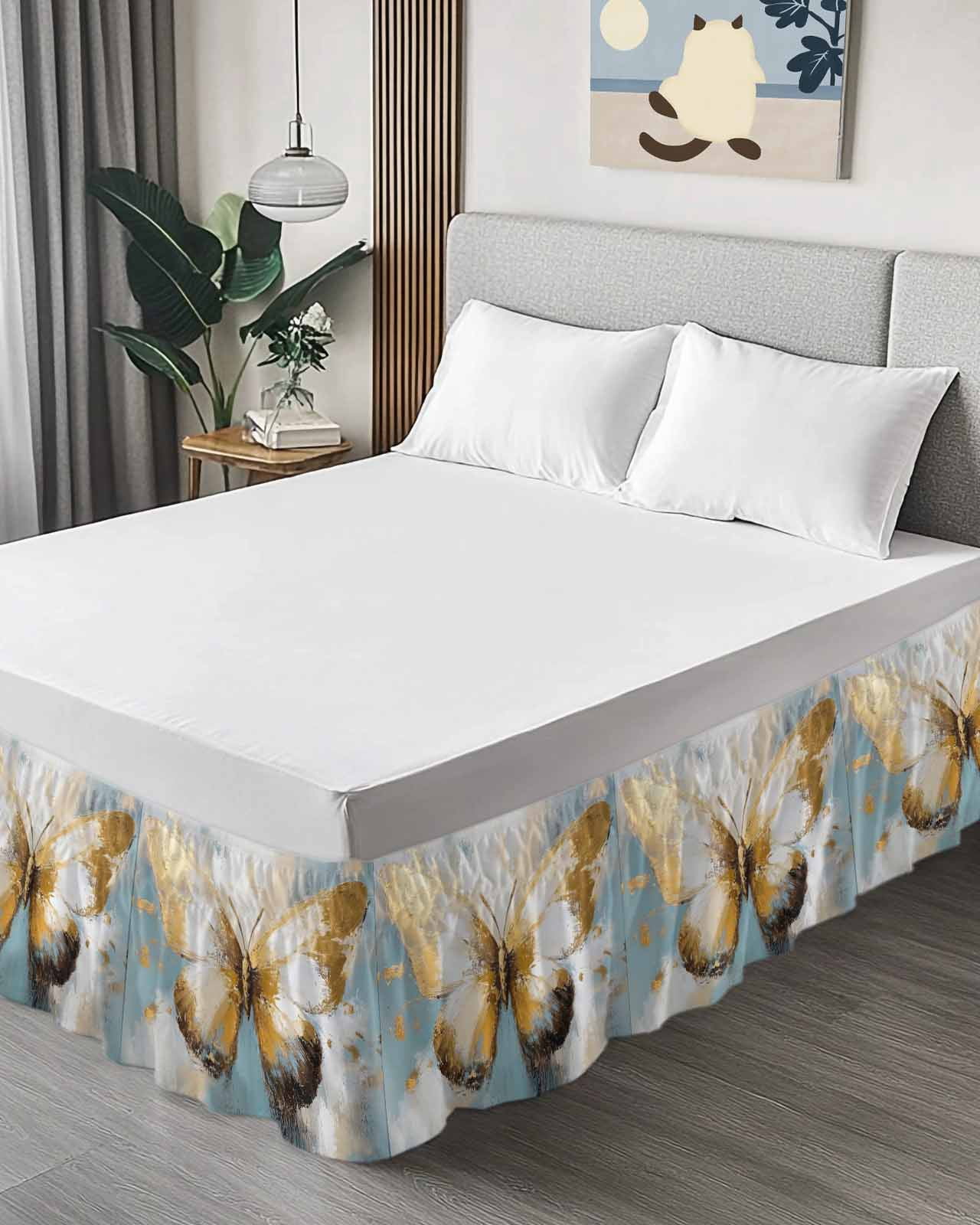 Butterfly Wrap Around Bed Skirts for King Bed 16" Drop, Bed Skirt with Adjustable Elastic Belt Dust Ruffle Bed Valance for Bedroom Hotel Luxury Modern Abstract Teal Brown Oil Painting Bed Frame Cover