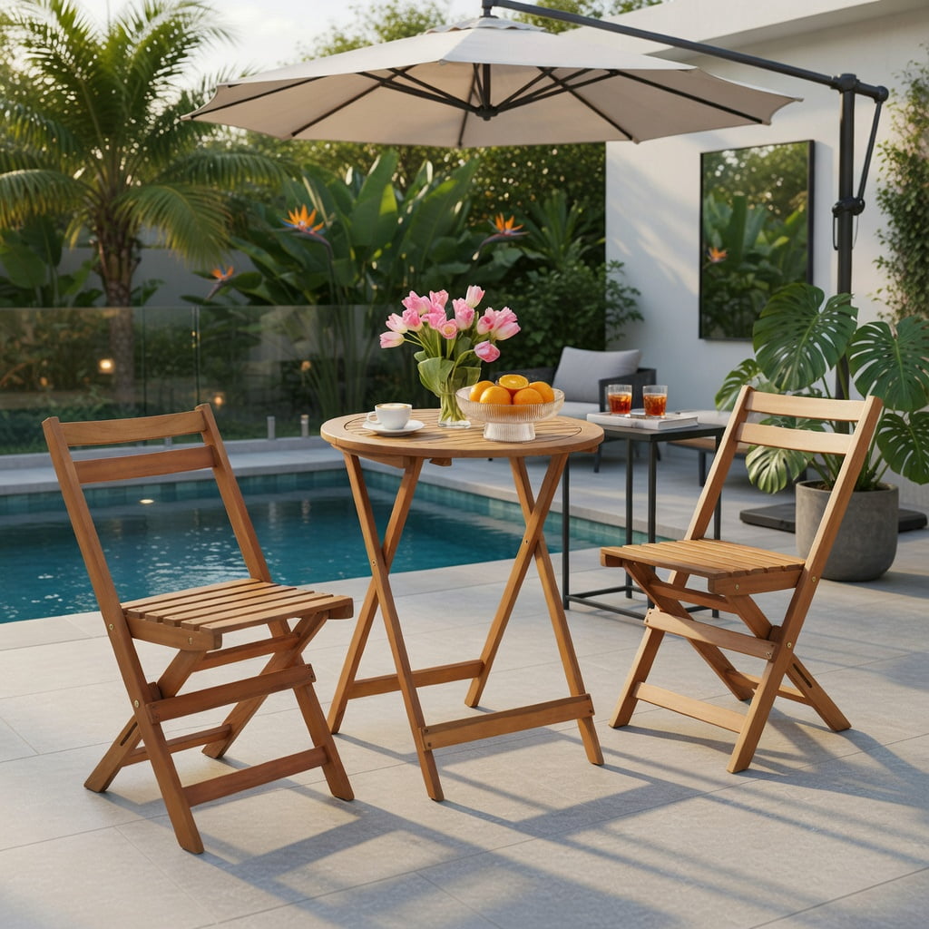 Hommoo 3-Piece Foldable Acacia Wood Patio Bistro Set, Slatted Table & Comfort-Curved Chairs for Poolside, Garden & Small Outdoor Spaces, Natural
