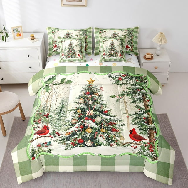Christmas Holiday Twin Comforter Set 7 Piece,Xmas Tree Bed In A Bag With Sheets Winter Christmas Red Cardinal Bedding Set For Kids Adults,Green Checkered Grids Bed Set