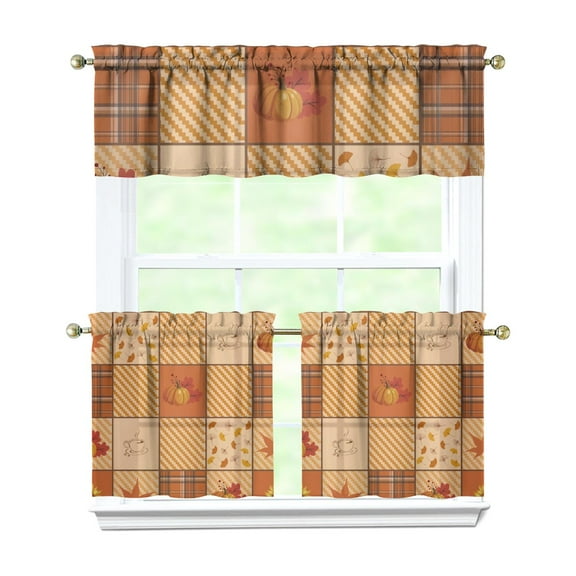 Rod Pocket Kitchen Curtain Set 3-Piece, 27.5x36 Inch Valance & Tier Drapes, Polyester Pongee Cafe Curtains for Living Room, Bathroom, Farmhouse Rustic Country Window Treatments.