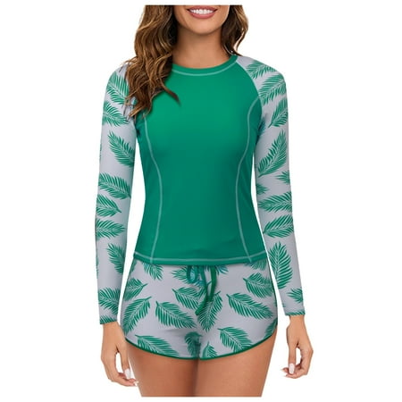 

Women 2 Piece Long Sleeve Rash Guard With Built In Bra Swimsuits UPF 50+ Swim Shirt