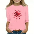 thumbnail image 2 of Girls Pink Heart Print Cold Shoulder Top, Soft Polyester Spandex 3/4 Sleeve Relaxed Fit Casual Blouse for Ages 4-12, Valentine's Day Cute Kids Tee,Size 5-6T, 2 of 5