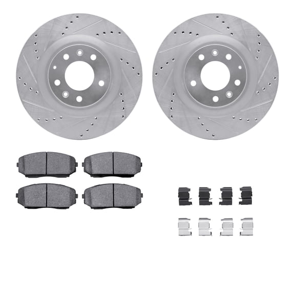 Dynamic Friction Company Front Brake Rotors-Drilled and Slotted-Silver with 5000 Advanced Brake Pads includes Hardware 7512-80067