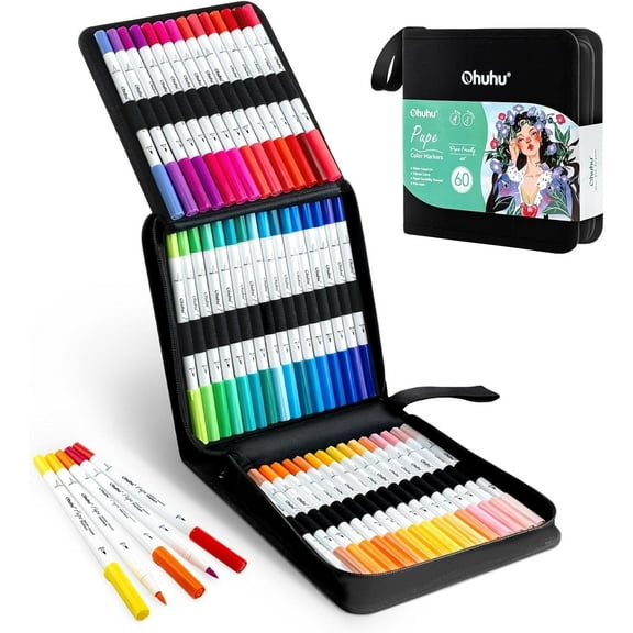 Ohuhu 60 Water-Based Dual Tip Markers, Brush & Fineliner, No Bleed for Calligraphy & Coloring