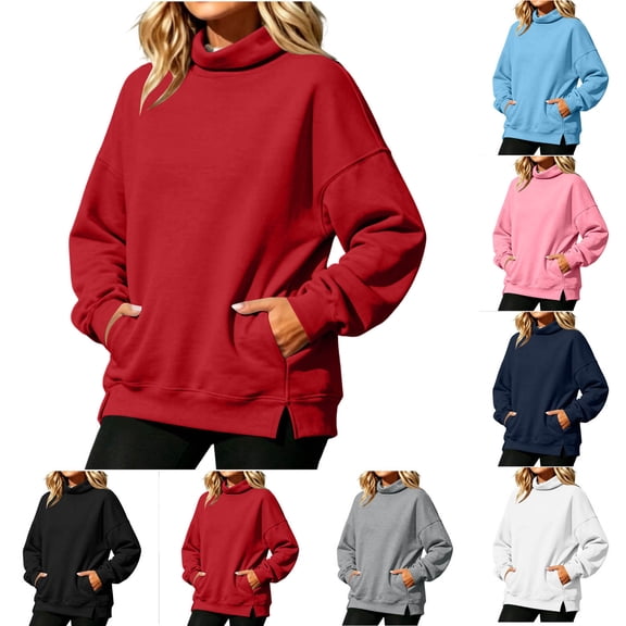 Women Oversized Turtleneck Red Sweatshirt Sevevn Solid Color Long Sleeve Pocket Pullover Fall Casual Daily Top