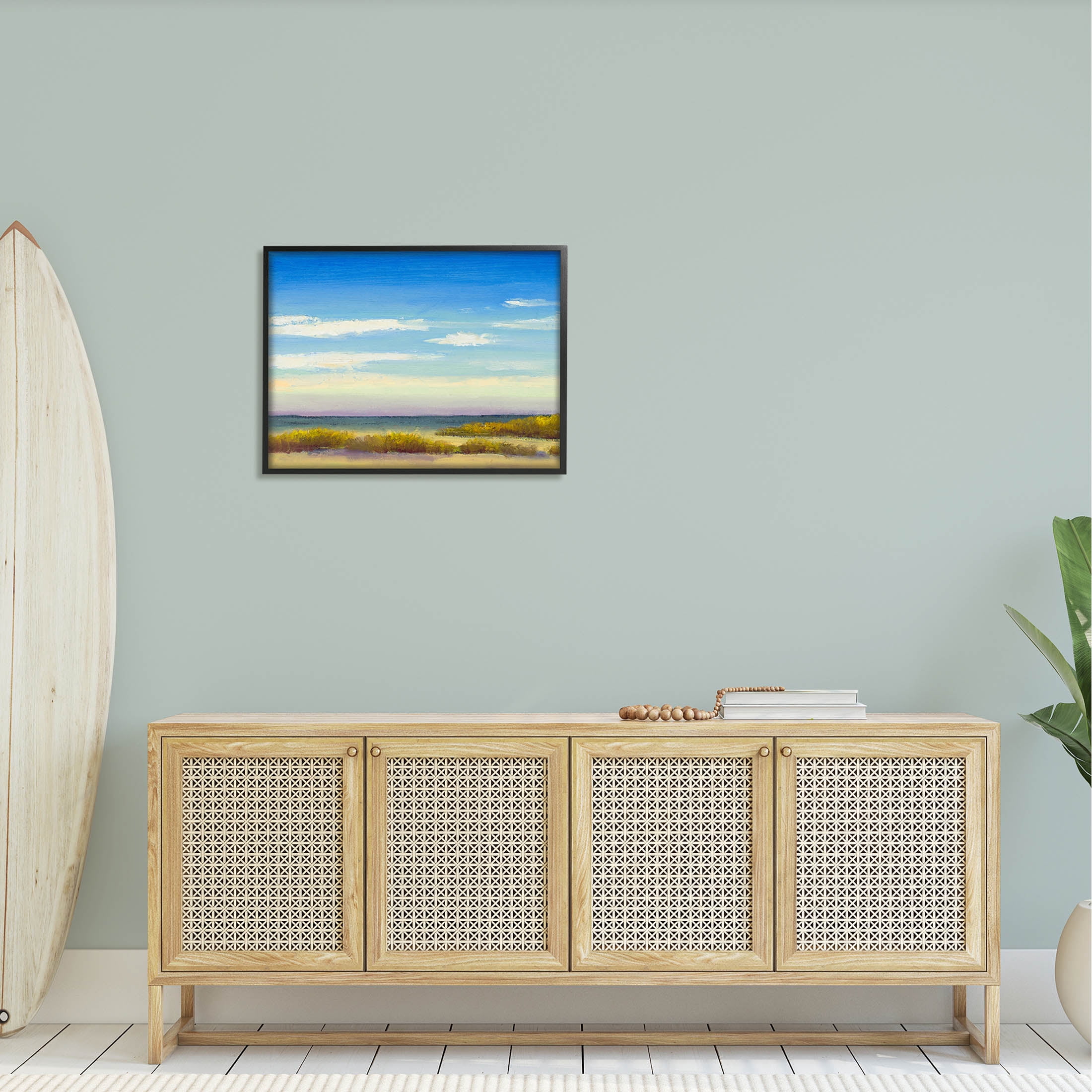 Coastal Beach Vivid Blue Sky Coastal Painting Black Framed Art Print Wall Art