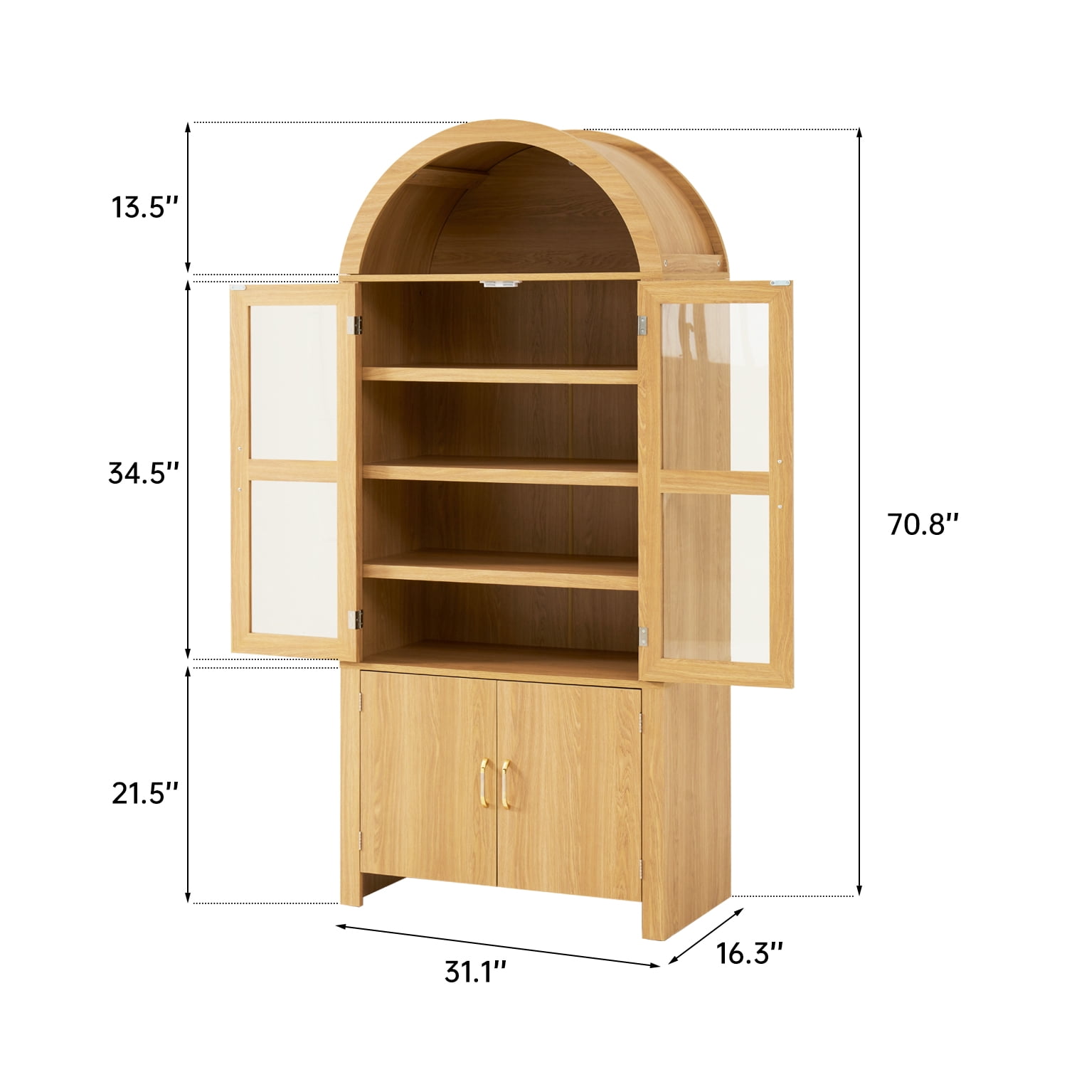 BaPro 71" Tall Arched Kitchen Pantry Cabinet, Modern Farmhouse Style Storage Cupboard with Adjustable Shelves for Dining & Living Room, Oak