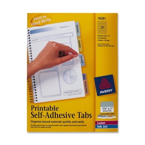 Avery Printable Repositionable Tabs, 1-1/4' , Assorted, 96 Tabs (16281) 96 Tab(s)1.25' Tab Width - Permanent - Paper Divider - Assorted Paper Tab(s) - 96 / Pack