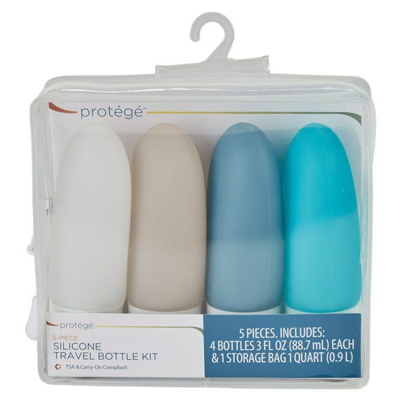 Protege 4 Piece Silicone Refillable Toiletry Travel Bottles with Clear Bag Set