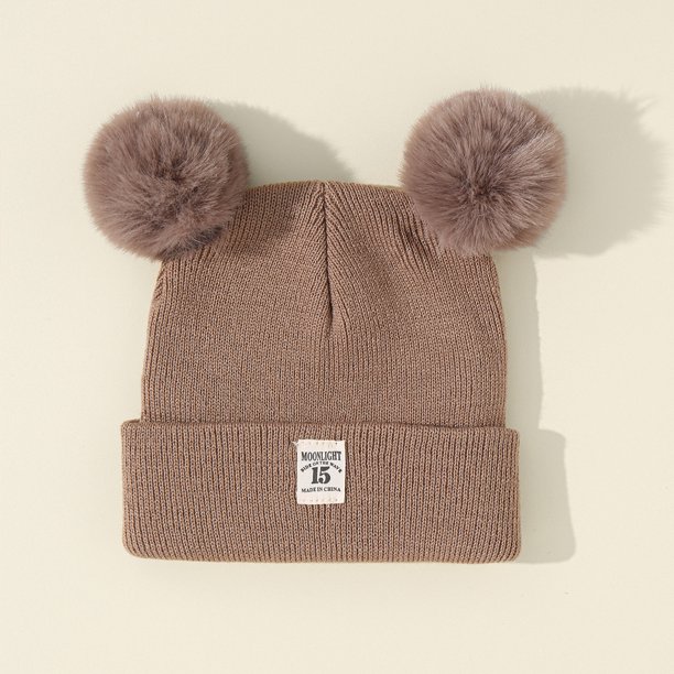 Gorro de lana de color sólido acrílico para niños, gorro de punto estándar para otoño e invierno, con doble bola, para bebés