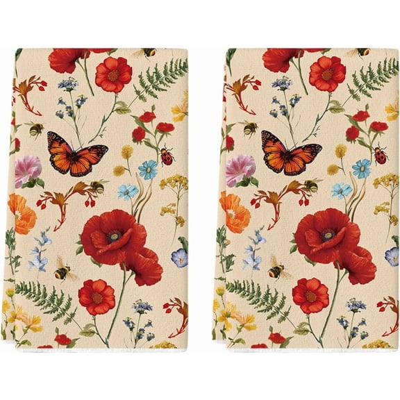 Bee Butterfly Floral Spring Kitchen Towels Dish Towels, 18x26 Inch Farmhouse Summer Decoration Cleaning Set of 2
