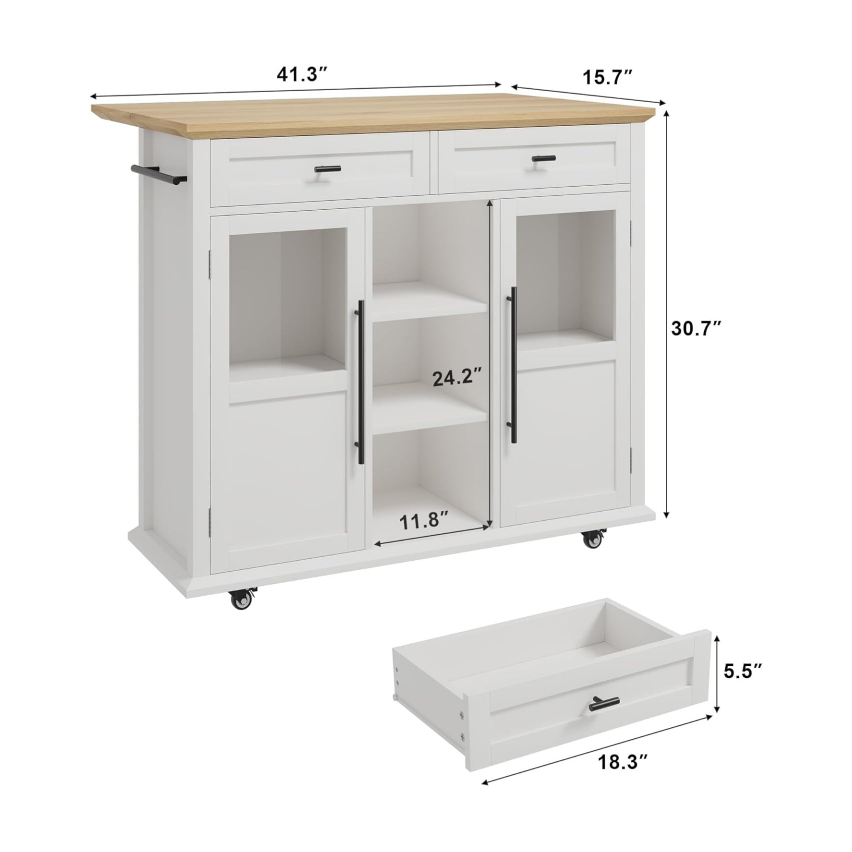 Foldable Kitchen Island Cart with Wheels, 2 Glass Doors, Home Kitchen Spice Rack & Towel Holder – Compact Mobile Storage Cart for Small Kitchens, Dining Rooms, Camping & RVs