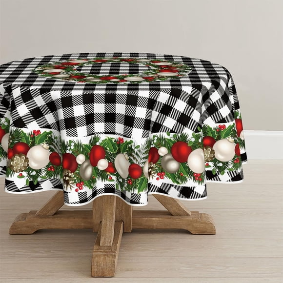 Nappe de Noël 60x60 Pouces Ronde, Ornements de Boules de Noël Plaid Buffalo Noir Lavable pour Fête Pique-Nique Dîner Décor