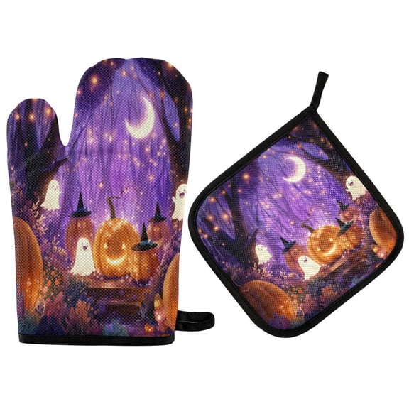 Heat-Resistant Reversible Oven Mitts and Pot Holders Set Double-Sided Insulated Gloves Kitchen Home Supplies Whimsical Cartoon Halloween Scene