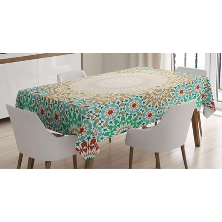 

Mindunm Moroccan Tablecloth Ottoman Mosaic Art Pattern with Oriental Floral Forms Antique Scroll Ceramic Boho Dining Room Kitchen Rectangular Table Cover 60 X 84 Cream Turquoise