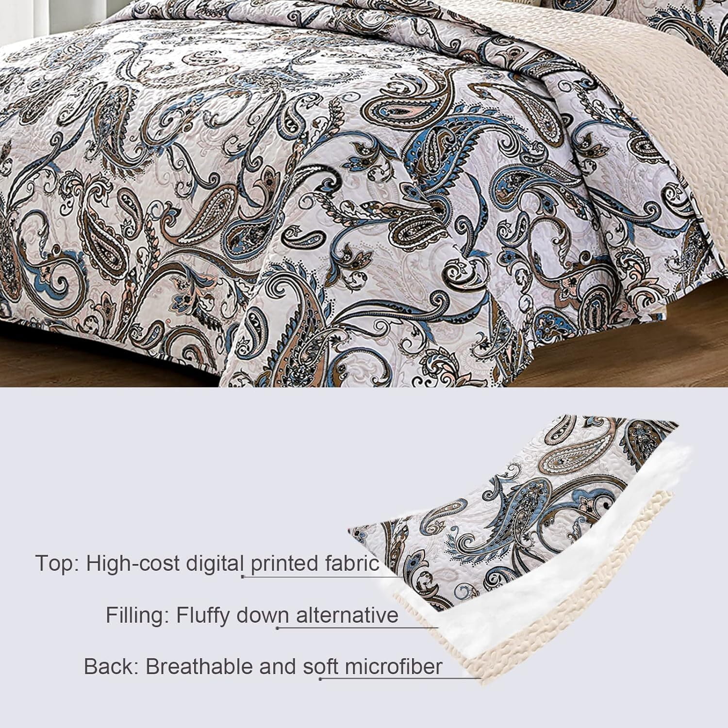 Whale Flotilla Reversible Paisley Quilt Set Queen Size, Lightweight Boho Printed Bedspreads Coverlets Quilts Bedding Set with 2 Pillow Shams for All Seasons, Bone/Grey