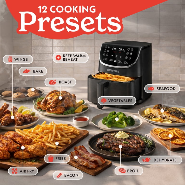 Gourmia 7 Qt Air Fryer, 12 Presets, Digital Display, FryForce 360