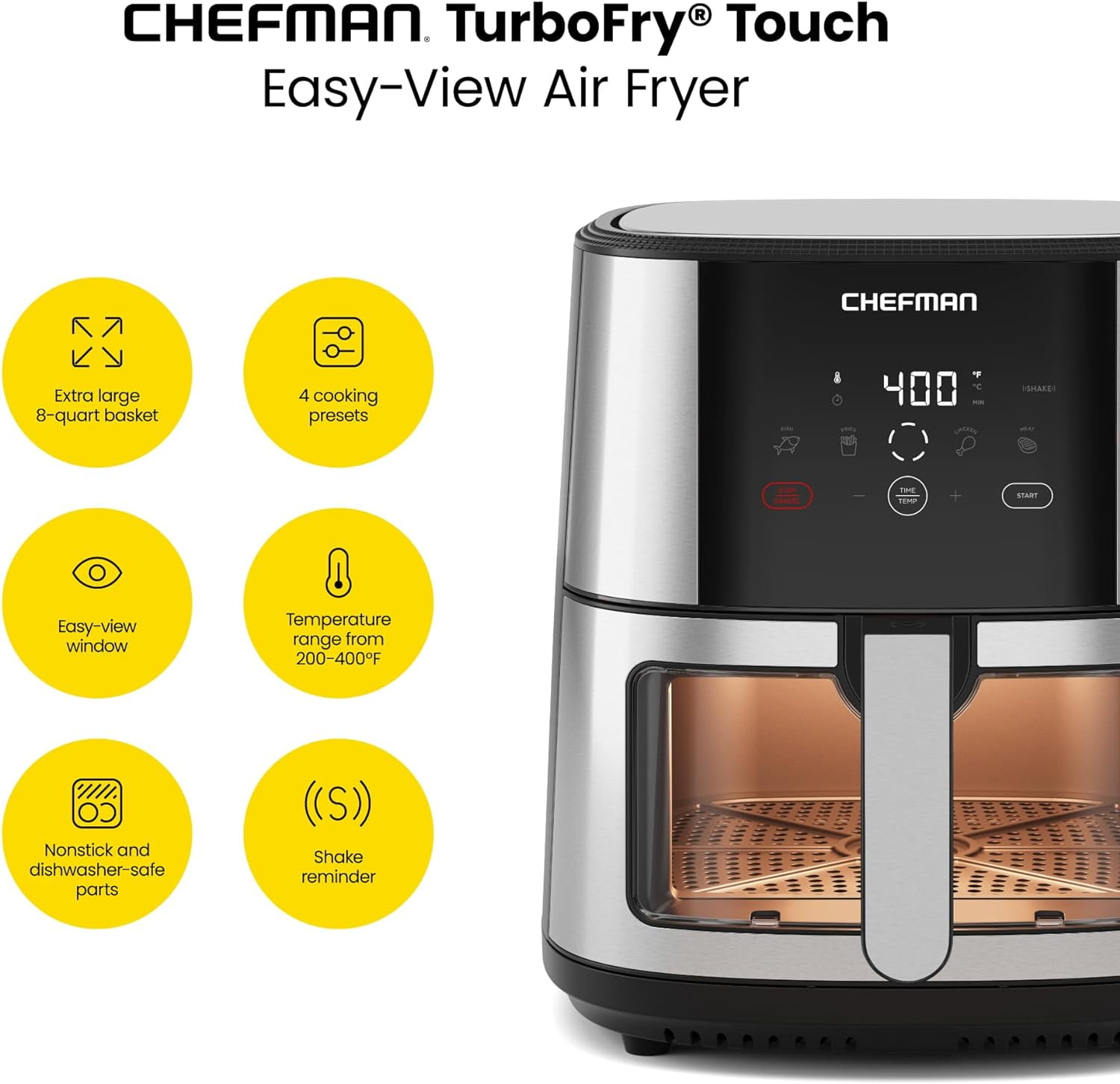 Chefman Turbofry Air Fryer w/ Digital Controls, 8 Qt Capacity, Windowed Basket - Stainless Steel