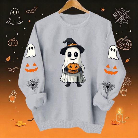 Womens Halloween Tops Cute Ghost Printed Crew Neck Long Sleeve Trendy Loose Spooky Festival Pullover Top Gray XXL