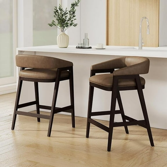Guyou Modern Counter Height Bar Stools Set of 2, Leather Upholstered Barstools with Barrel Back, 26" Walnut Kitchen Island Stools Comfy Counter Stools for Breakfast Bar and Dining Room, PU Brown