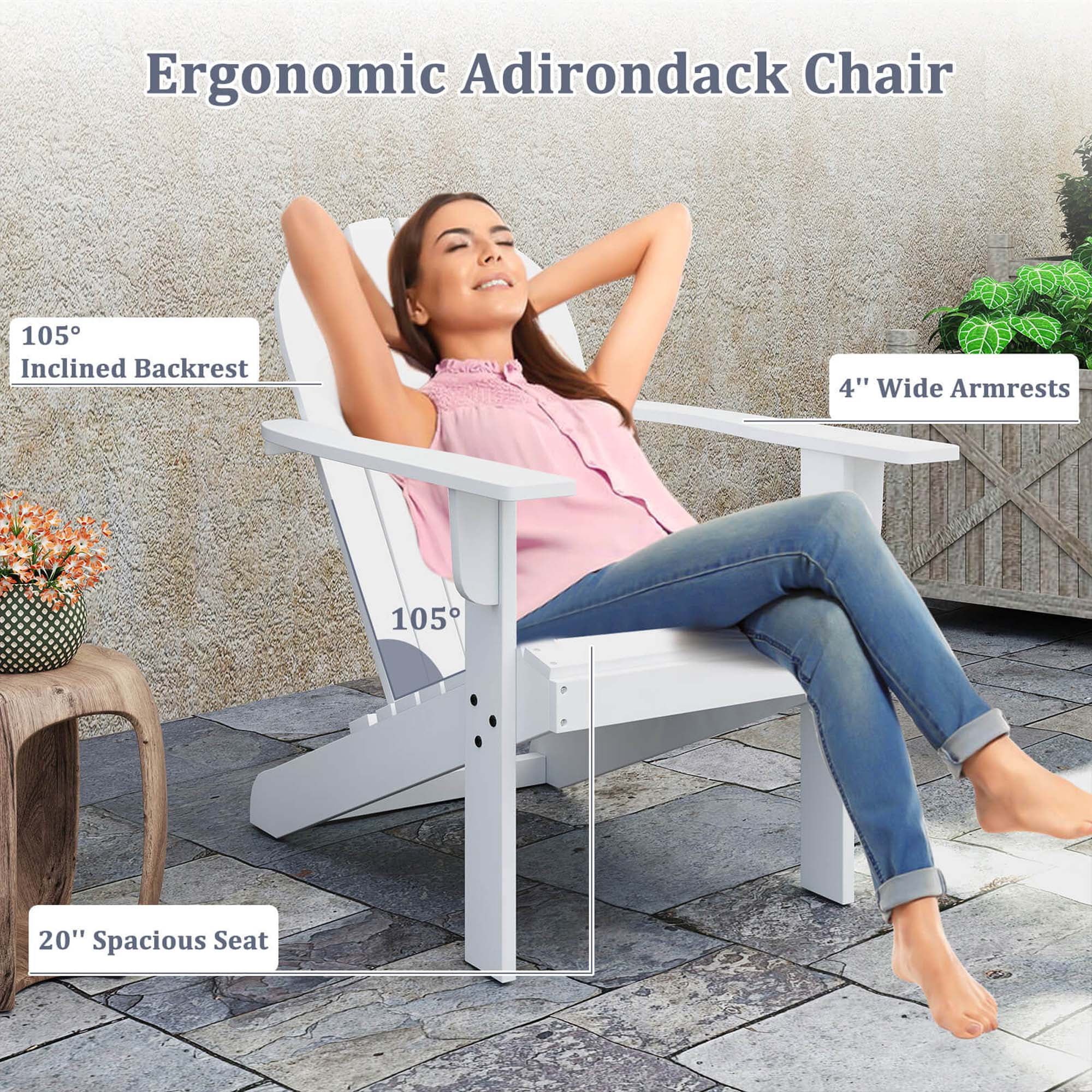 Gymax 2PCS Patio Adirondack Chair w/ Inclined Seat High Backrest & Wide Armrests White