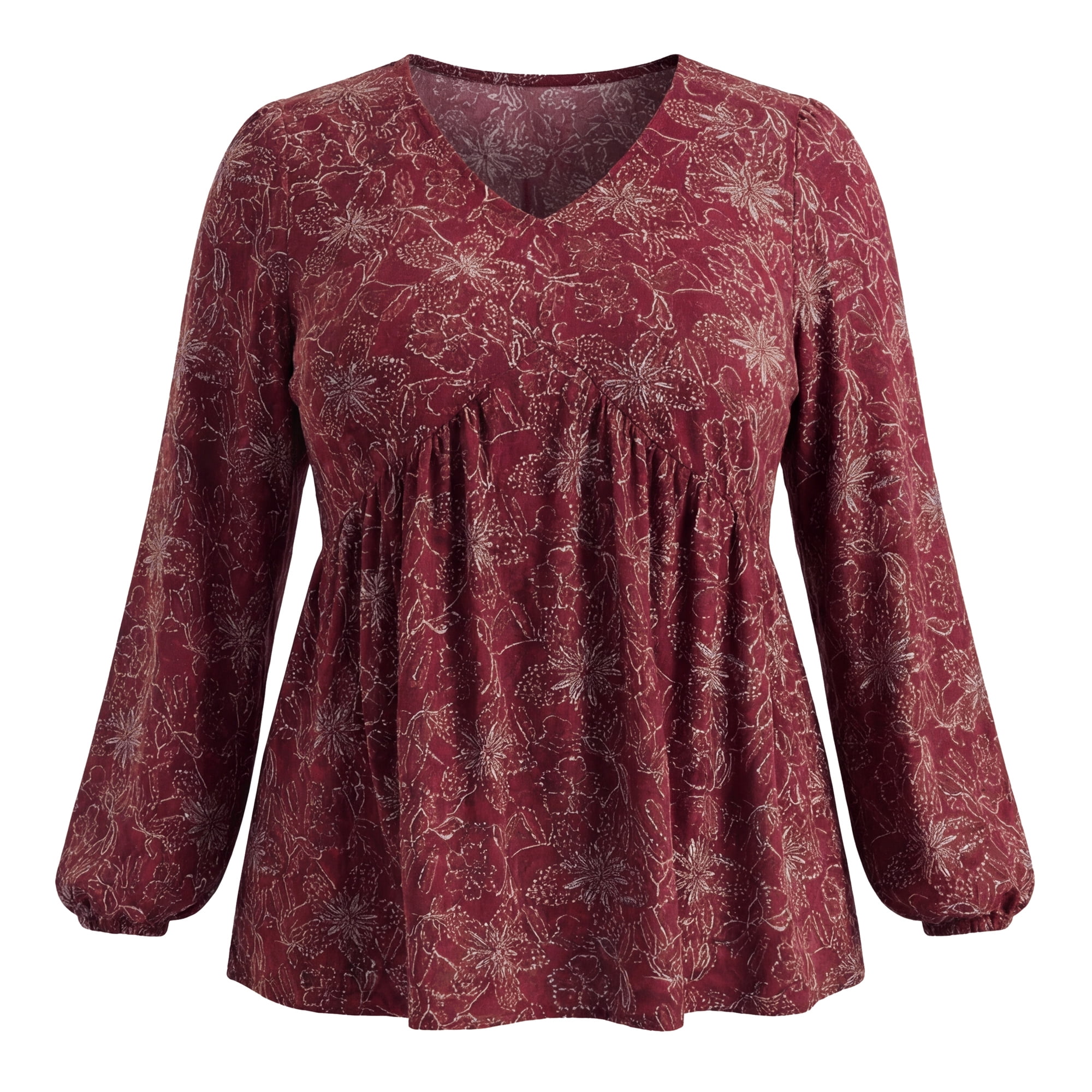 DARING DIVA Women's Plus Babydoll V Neck Lantern Sleeve Blouses 2X Dark Red