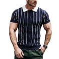 thumbnail image 3 of Men's Old Money Style Striped Knit Polo Sweater, Breathable Button Down Short Sleeve Knitwear, Casual Elegant Top for Casual and Summer Wear, Sizes S-2XL Navy, 3 of 5