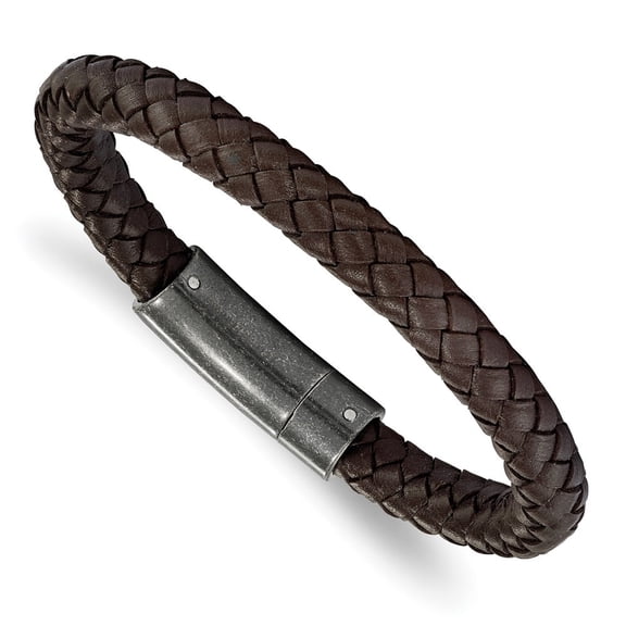 Diamond2Deal Stainless Steel Brushed Brown Braided Leather Bracelet for Men 8.25"