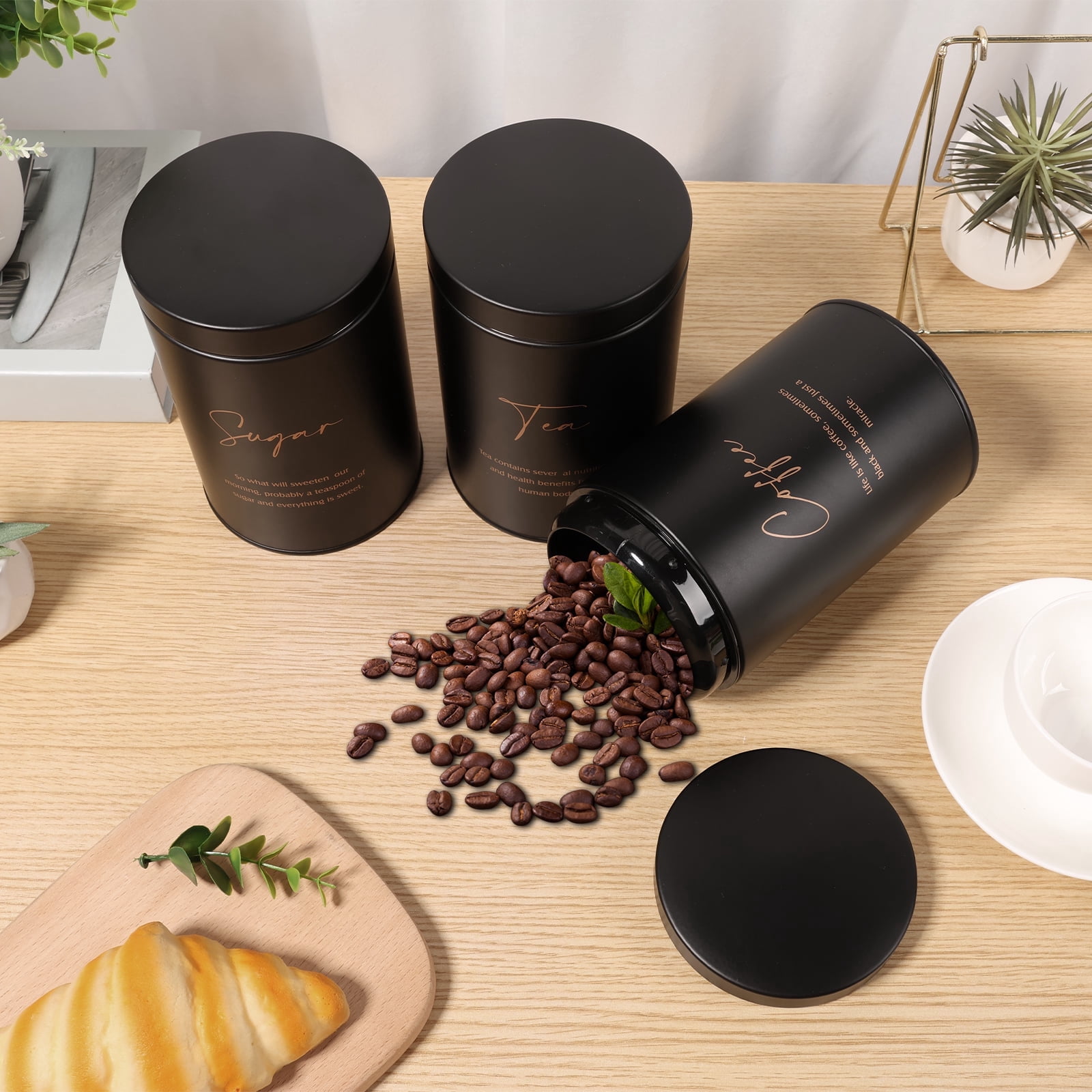 FUYGRCJ 3 Piece Black Canisters Sets for Kitchen, Airtight Sugar Tea Coffee Canister Set, Storage Jars for Coffee Container, Tea Organizer & Sugar Canister, Black Kitchen Canisters