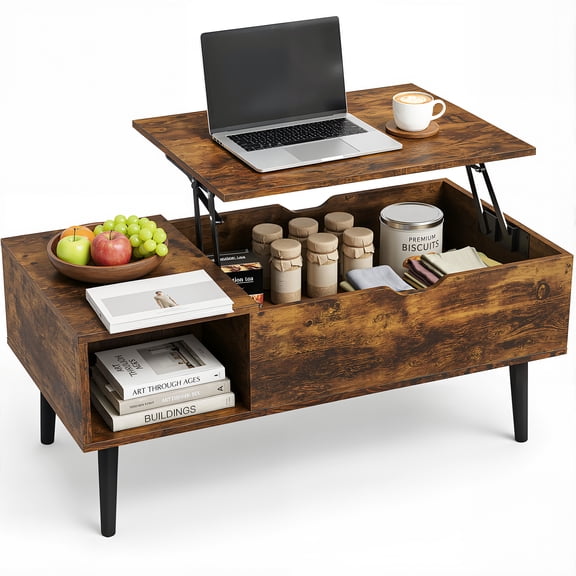 edx Adjustable Height Wooden Coffee Table with Hidden Compartments and Shelves - Perfect for Small Homes, Apartments, Reception Rooms, Rust Brown