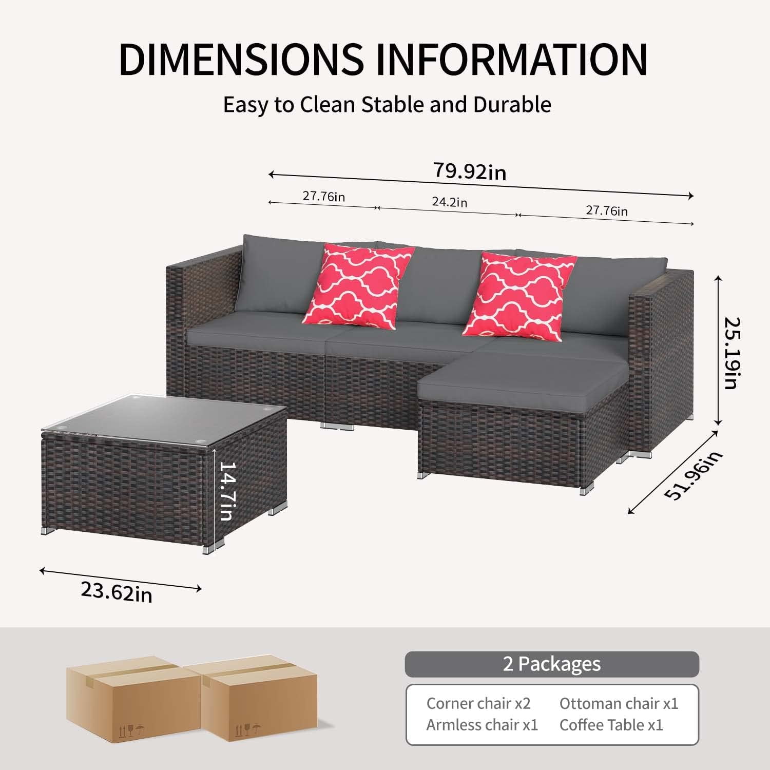 5 Pieces Outdoor Patio Furniture Set, Lofka PE Wicker Rattan Sectional Sofa, Outdoor Conversation Set with Removable Cushions&Coffee Table for Backyard Poolside (Gray)
