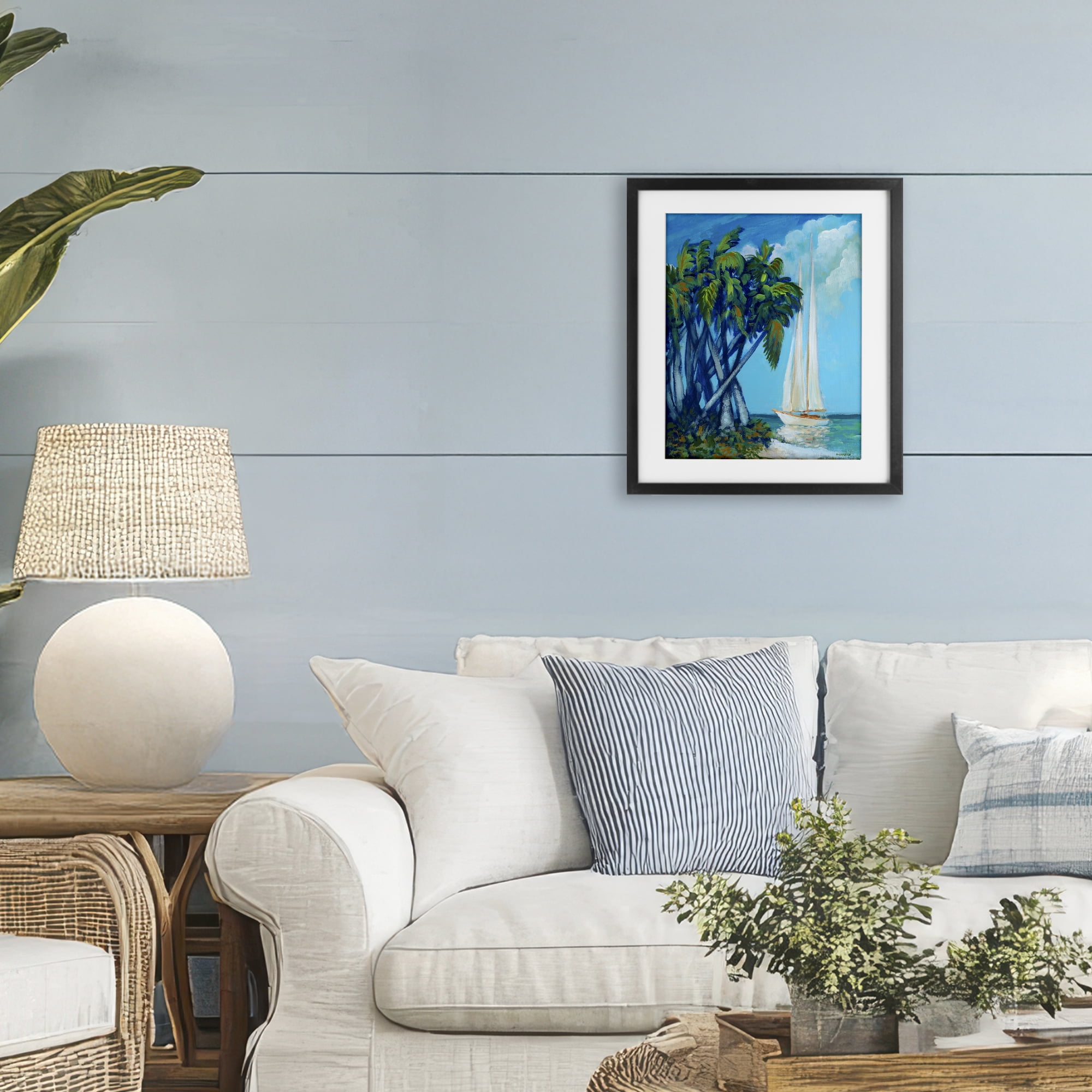 Stupell Industries Sailboat & Twisted Palms Black Framed Print Under Glass, design by Dan Meneely