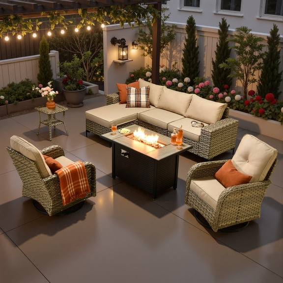 Ovios 9 Pieces Wicker Patio Furniture Sets Outdoor Conversation Sectional Sofa with Swivel Chairs & Fire Pit