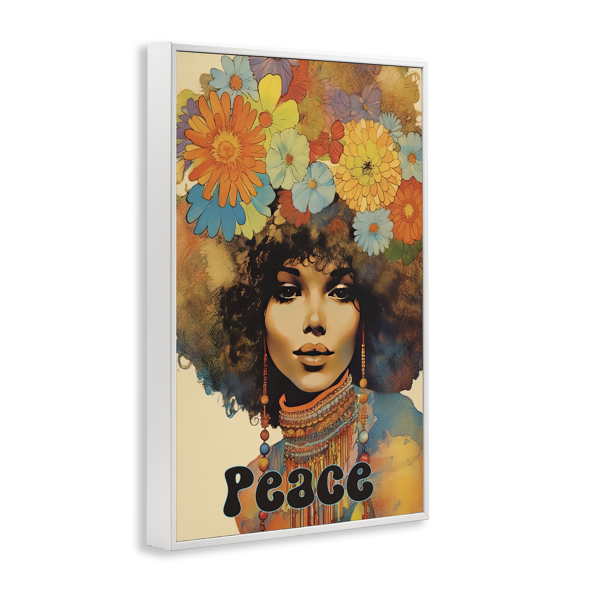 Peace Groovy Afro Girl White Framed Giclee Art, design by Sasha