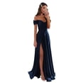 thumbnail image 1 of Vestido de fiesta GODCUN satinado con hombros descubiertos, corte A, azul marino, 1 of 7