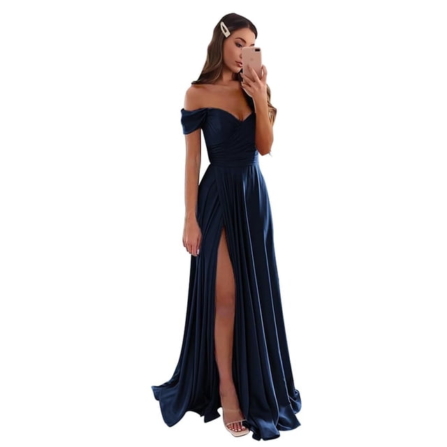 Vestido de fiesta GODCUN satinado con hombros descubiertos, corte A, azul marino