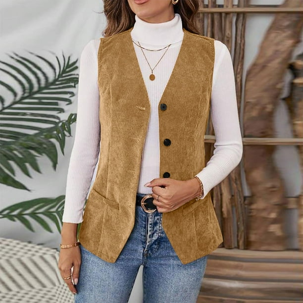 AUNVITO Women's Sleeveless Button Down Corduroy Cardigan Casual and Chic Style