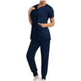 thumbnail image 2 of DPTALR Women Solid Color Loose Pants Multiple Pocket Caregiver Nursing Uniform Short Sleeve Zipper V-Neck Set, 2 of 6