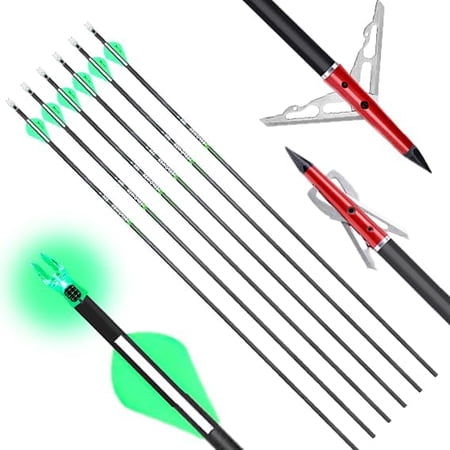 6 Pack 31-inch Carbon Arrows with Mechanical Broadheads and Lighted Nocks for Compound Bow and Recurve Bow