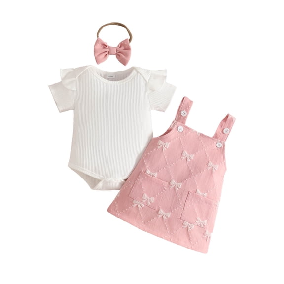 Bobifish Baby Girls Outfit Sets Short Sleeve Ribbed Bodysuit Suspender Skirts Bow Headband 3 PC Girls Outdoor Wear