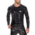 thumbnail image 3 of Men Shiny Leather T-shirt, Long Sleeve, Glossy PVC Leather, Crewneck Leather Casual Tops, 3 of 8