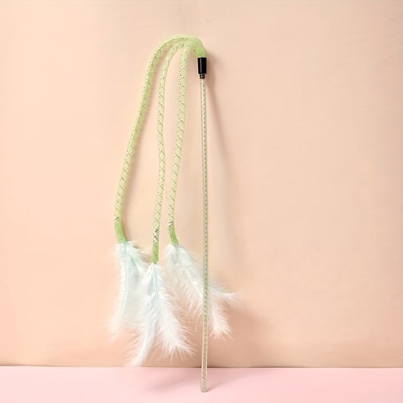 Green Cat Feather Wand Toys with Long Teaser Stick and Braided Ropes, Interactive Cat Toys for Indoor Cats