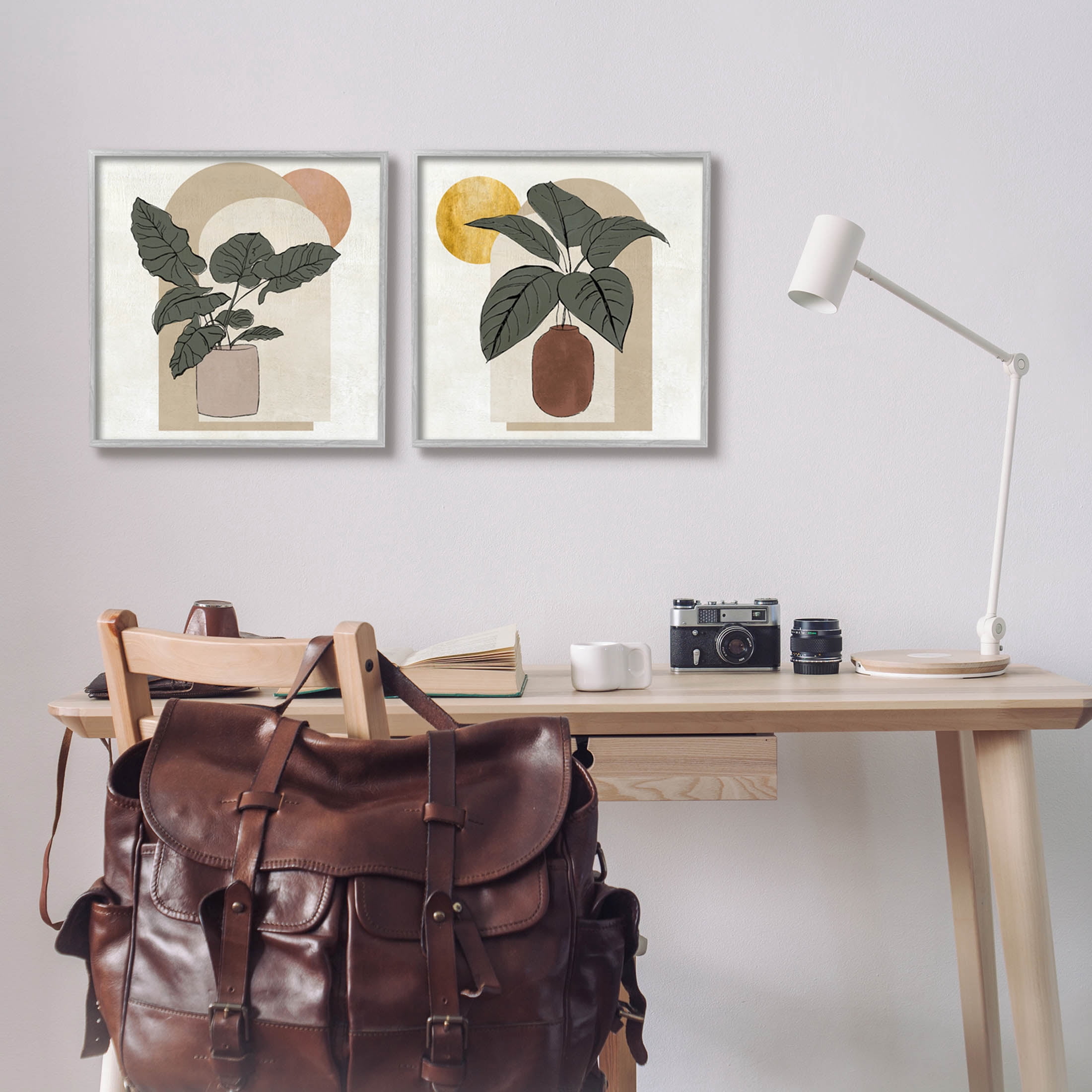 Potted Plant Leaves Geometric Shapes Botanical & Floral Graphic Art Gray Framed Art Print Wall Art, Set of 2