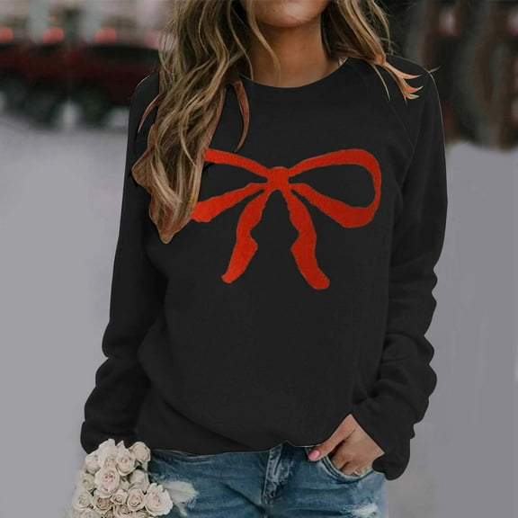 Graphic Sweatshirts For Women Funny Xmas Bow Print Loose Fit Cute Long Sleeve Christmas Shirts Casual Comfortable Holiday Y2K Outfits Fall Winter Pullover Loungewear Tops Black L